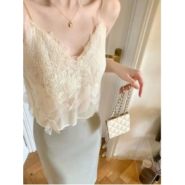 Spring French Tea Break Pure Desire Design Sense Small Fragrant Style Lace Strap Bottom Knitted Cardigan Top for Women