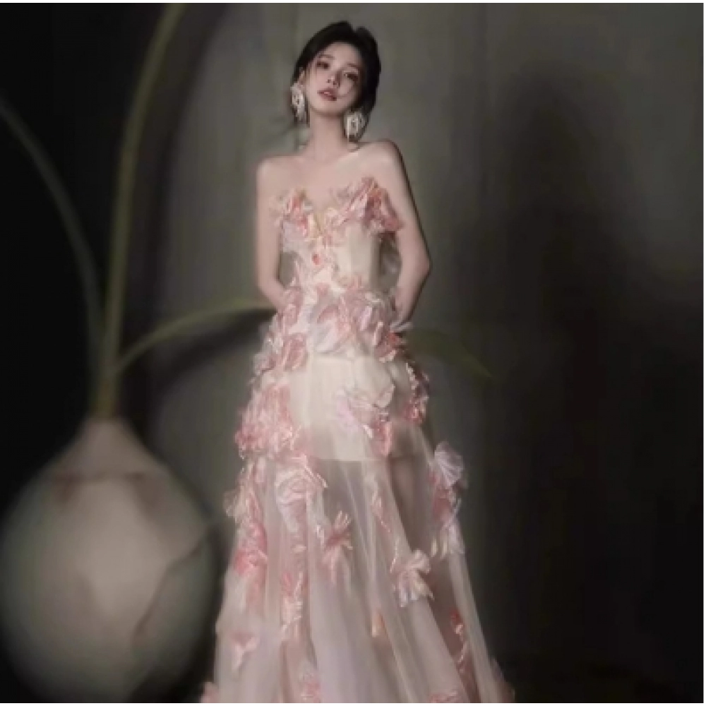 One shoulder evening dress for women, niche high-end French high-end feeling, host super fairy light gauze vocal evening dress dress