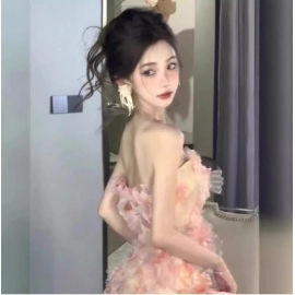 One shoulder evening dress for women, niche high-end French high-end feeling, host super fairy light gauze vocal evening dress dress