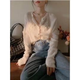 White mohair three-dimensional hook flower knitted cardigan for women's autumn age reduction 2024 versatile soft sweater thin version