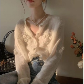 White mohair three-dimensional hook flower knitted cardigan for women's autumn age reduction 2024 versatile soft sweater thin version