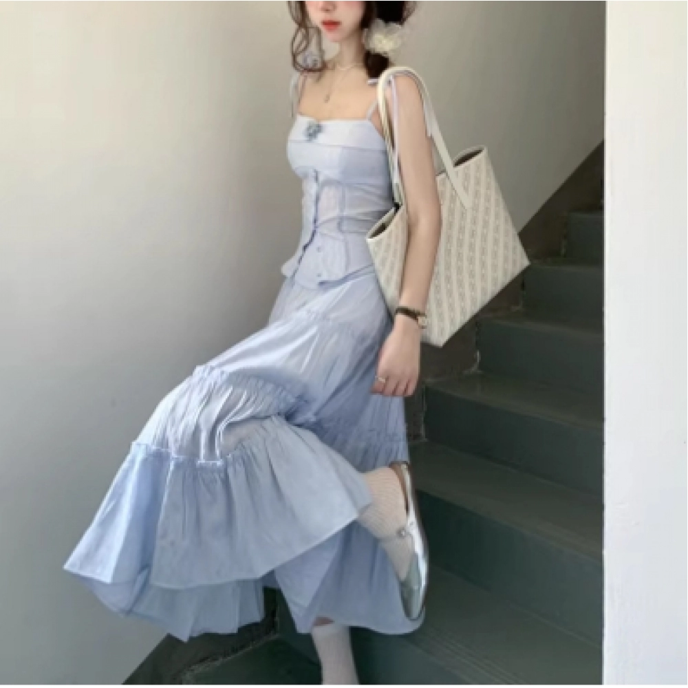 Edge skirt children's spring and summer new splicing set spaghetti strap skirt